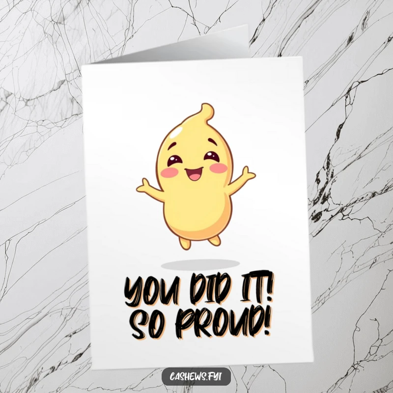 Funny Free Printable Congratulations Card: Energetic cashew figure bouncing with extreme happiness, celebrating a big win. Ideal downloadable art.