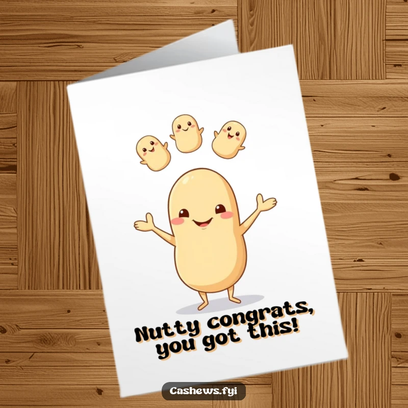 Funny Free Printable Congrats Card: A smiling cashew juggles happily, perfect for celebrating any special occasion with humor.