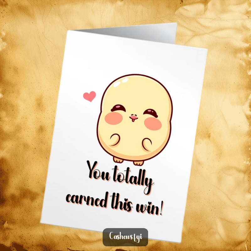 Funny free printable congratulations card showing a kawaii cashew character with rosy cheeks sending a kiss.