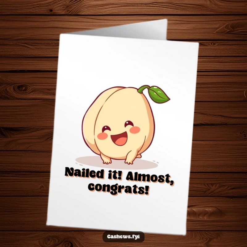 Funny Free Printable Congratulations Card: Cashew tripping but smiling wide, signifying overcoming challenges with humor and a positive outlook.