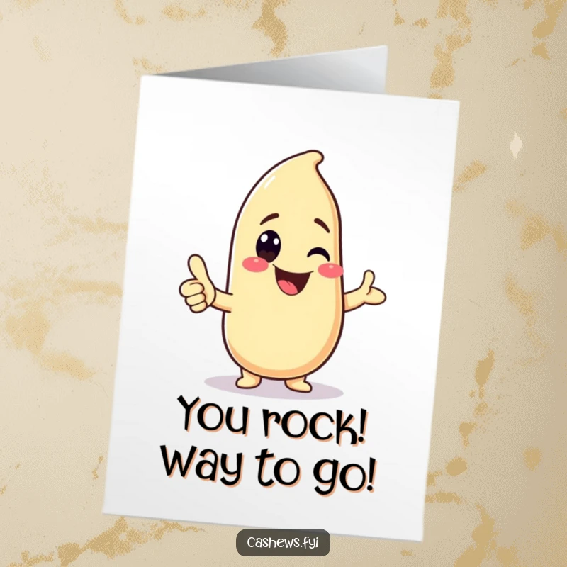 Funny Free Printable Congratulations Card with a kawaii cashew character offering a friendly thumbs-up and a wide, happy grin.