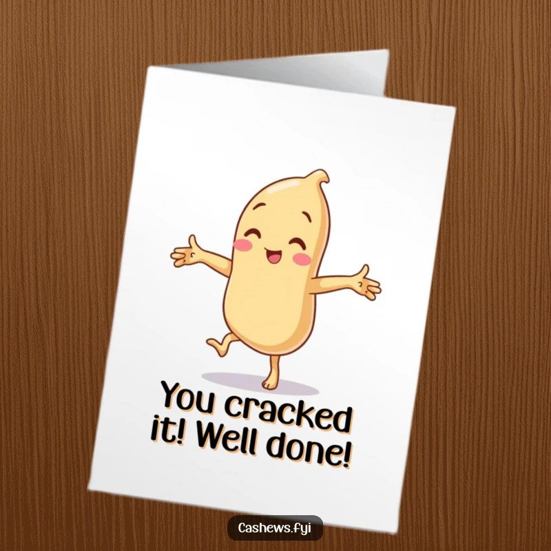 Funny Free Printable Congratulations Card: A cashew balancing precariously on one leg, arms flailing joyfully, perfect for celebrating.