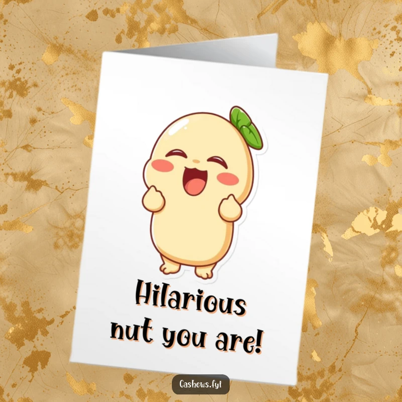 Funny free printable congratulations card depicting a cashew character in fits of giggles, holding its sides, pure celebratory mirth.