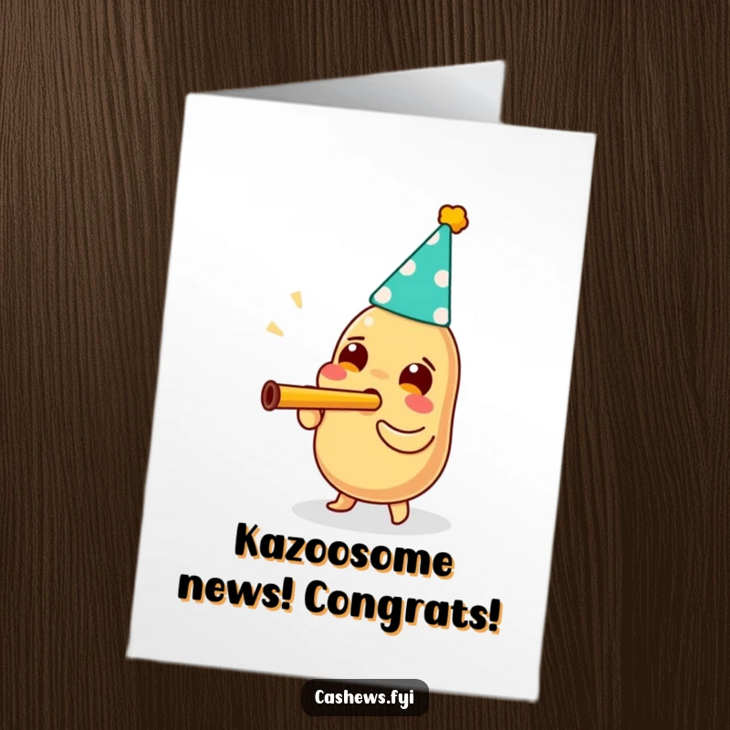 Funny Free Printable Congrats Card: A cashew in a party hat joyfully blasts a kazoo, celebrating the big news.
