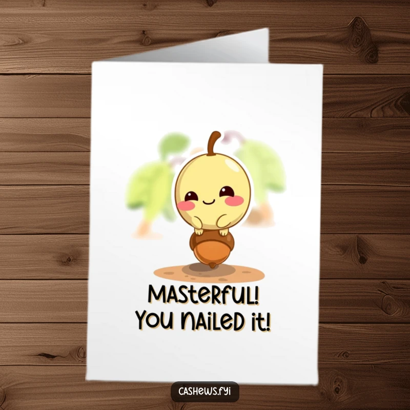 Free printable congrats card: a cashew grins slyly while balancing on a tiny acorn, celebrating skill.
