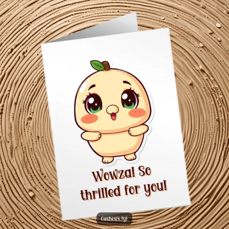 Funny free printable congratulations card showing a kawaii cashew character with big, sparkling eyes looking up in awe.