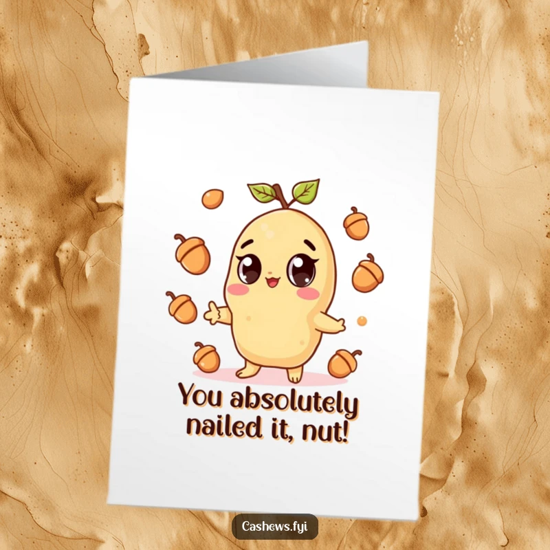 Funny Free Printable Congratulations Card: A kawaii cashew juggles acorns with glee, celebrating accomplishments with downloadable charm.