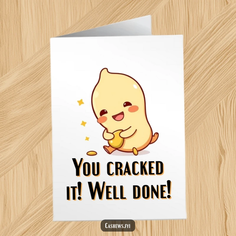 Funny free printable congratulations card showing a cashew character stumbling but smiling, clutching a fractured cashew.