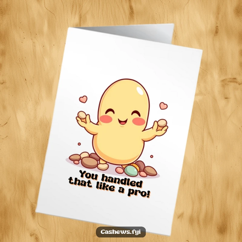 Funny Free Printable Congratulations Card: Smiling cashew nut juggling tiny pebbles, celebrating a skillful success, downloadable.