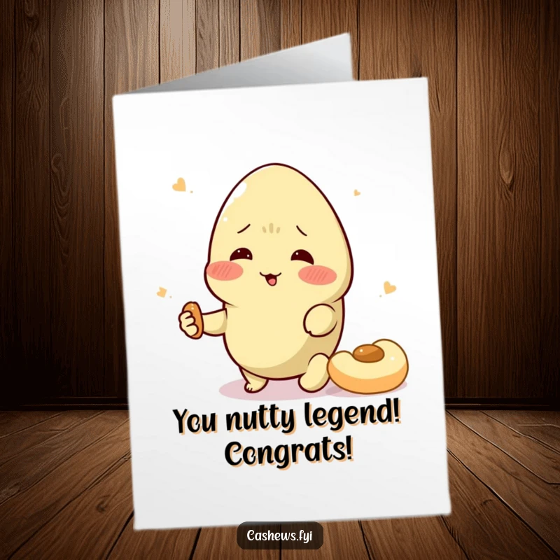 Funny free printable congratulations card showing a cashew with rosy cheeks feigning a swoon over a tempting cashew snack.