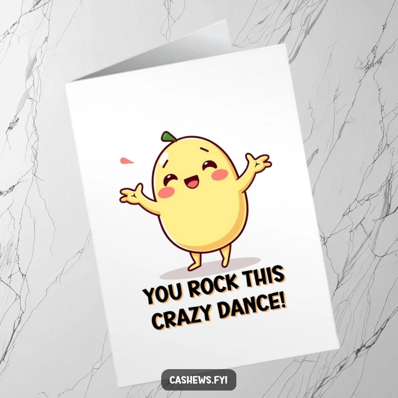 Funny free printable congratulations card showing a kawaii cashew character performing an energetic and silly dance routine.