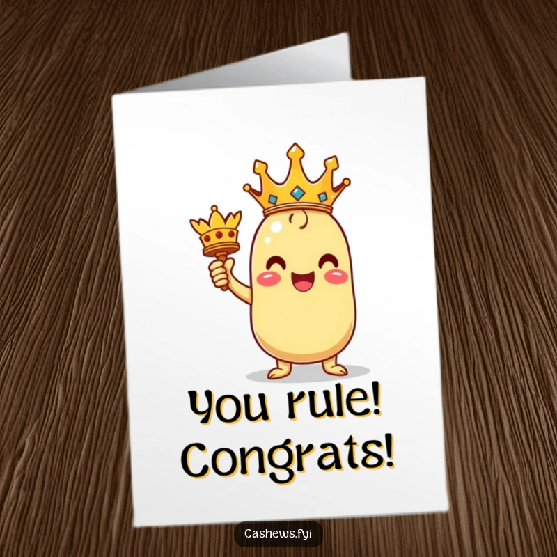 Funny Free Printable Congrats Card: Kawaii cashew character in a triumphant pose holding a miniature crown high.
