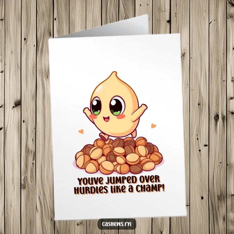 Funny Free Printable Congrats Card: A wide-eyed kawaii cashew bravely leaps high over a daunting pile of nuts.