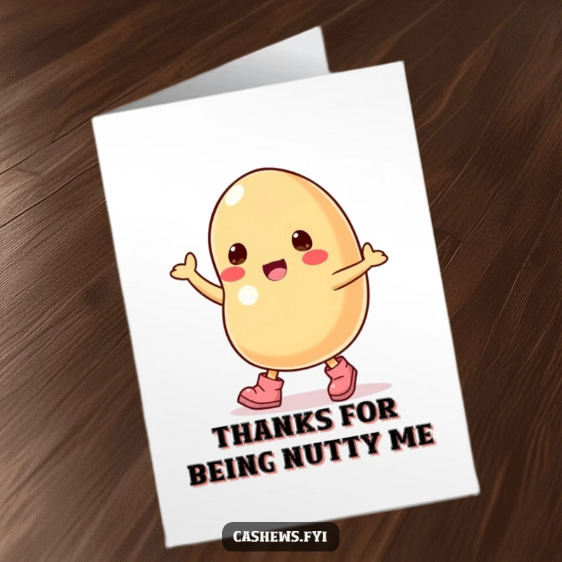 Funny Free Printable Thank You Card: A cashew nut in tiny boots, dancing gleefully to show thanks, downloadable.