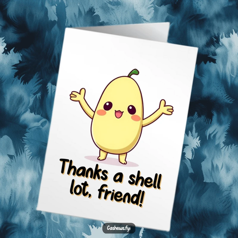 Funny Free Printable Thank You Card: Kawaii cashew character with arms raised in delighted surprise. A charming downloadable gift.
