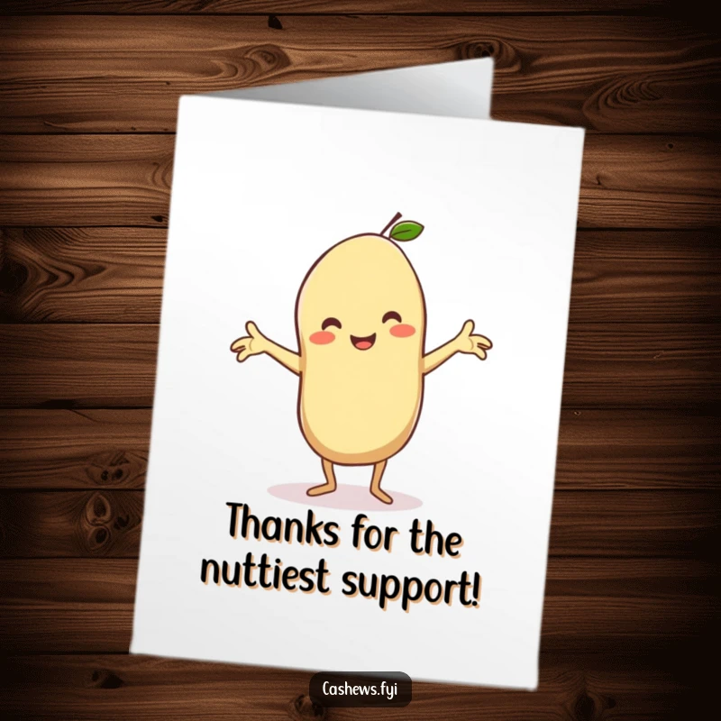 Funny Free Printable Thank You Card: A joyful kawaii cashew beams while doing a wacky dance with arms flailing.