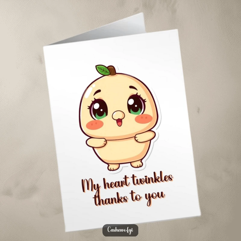 Funny free printable thank you card depicting a kawaii cashew with wide, twinkling eyes looking up in excited gratitude.