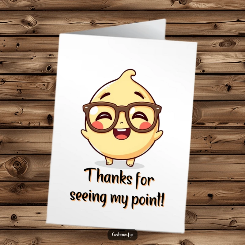 Funny free printable thank you card with a kawaii cashew character giggling behind oversized, comical glasses.