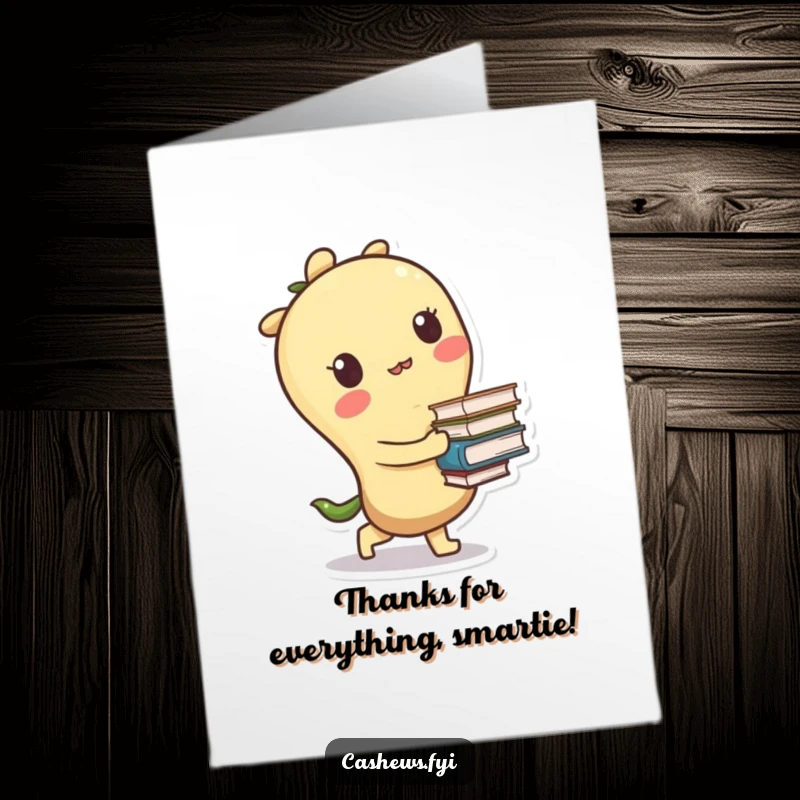 Funny Free Printable Thank You Card: A kawaii cashew character trips and drops books, a humorous depiction of trying hard.