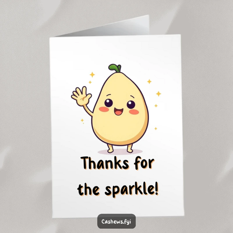 Funny Free Printable Thank You Card: A kawaii cashew character waves with big excitement, radiating warmth and gratitude.