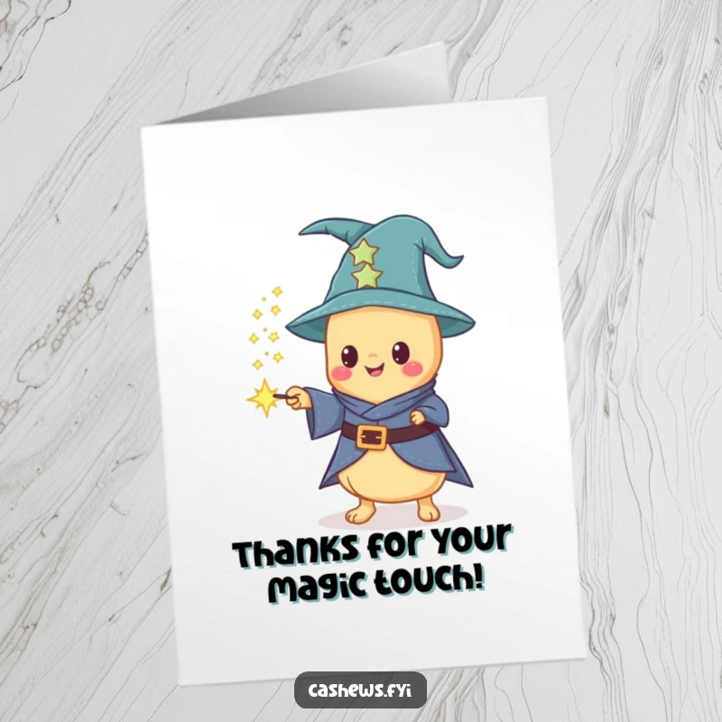 Funny Free Printable Thank You Card: Kawaii cashew dressed as a wizard conjuring sparkling dust, expressing thanks, downloadable.