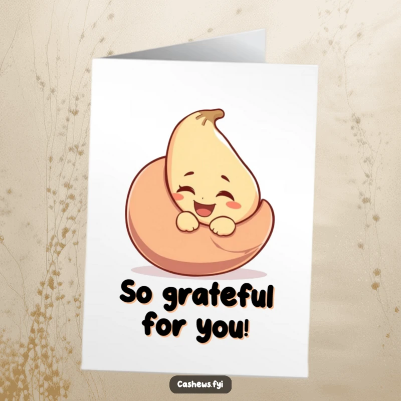 Funny Free Printable Thank You Card: A happy cashew character peeks out, winking with a playful grin.