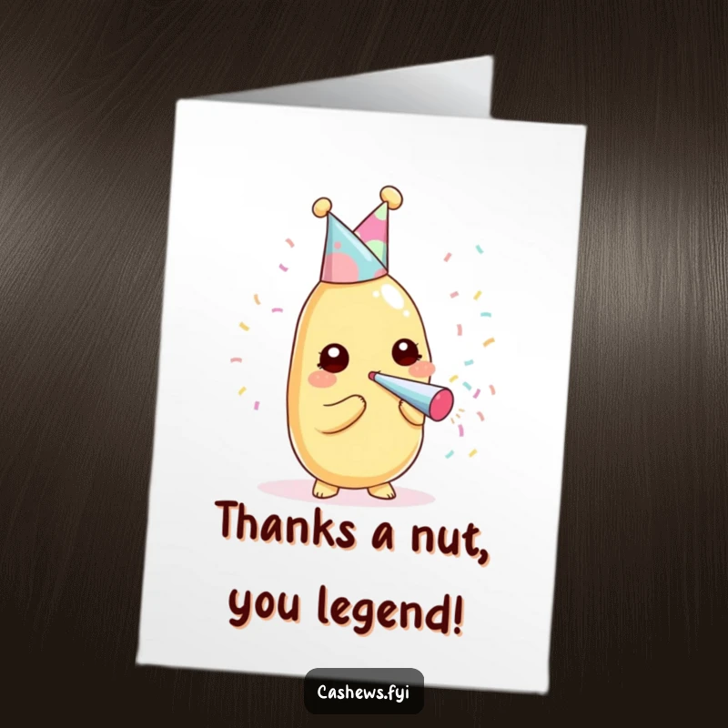 Funny free printable thank you card with a kawaii cashew in a party hat, popper in hand, celebrating gratitude.
