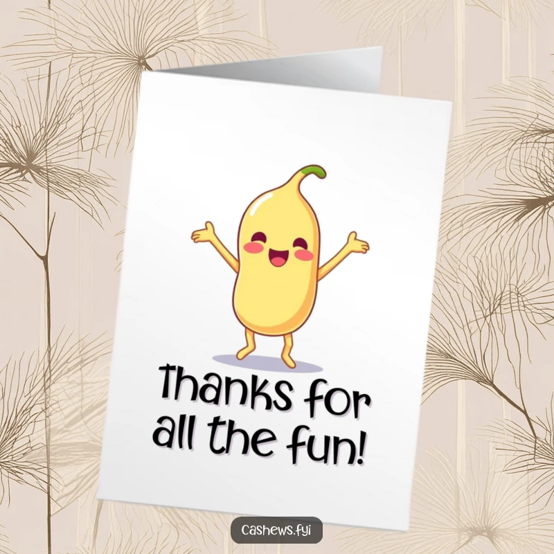 Funny Free Printable Thank You Card: Kawaii cashew doing a silly dance with joyful, flailing limbs, expressing thanks, downloadable.