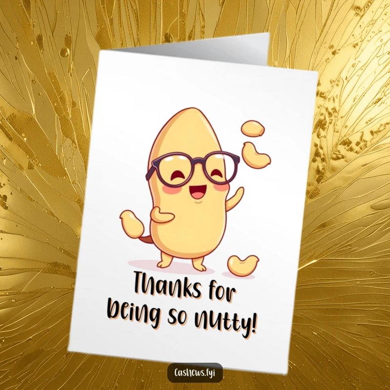Funny Free Printable Thank You Card: A kawaii cashew wearing spectacles excitedly juggling nuts, showing gratitude with flair.