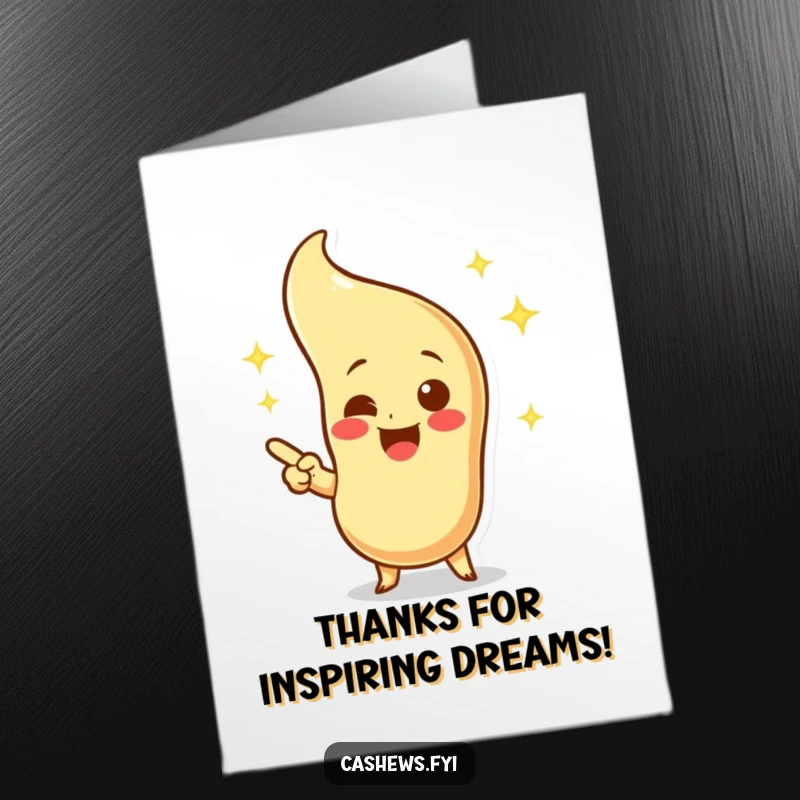 Funny free printable thank you card featuring a cashew character pointing enthusiastically at an imagined shiny cashew.