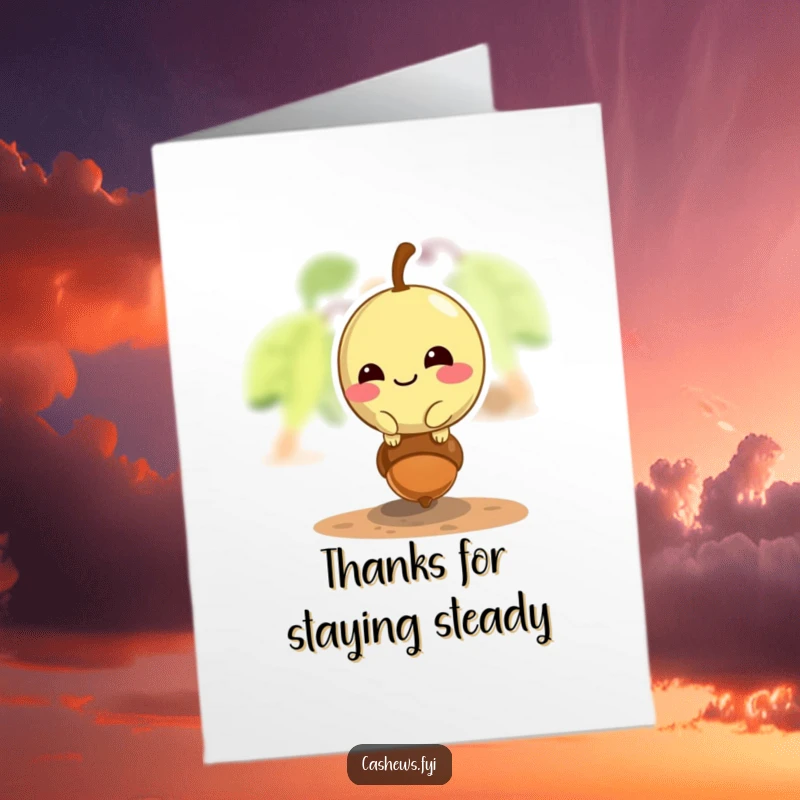 Funny free printable thank you card: a mischievous cashew grins balancing on a tiny acorn, thanking you.