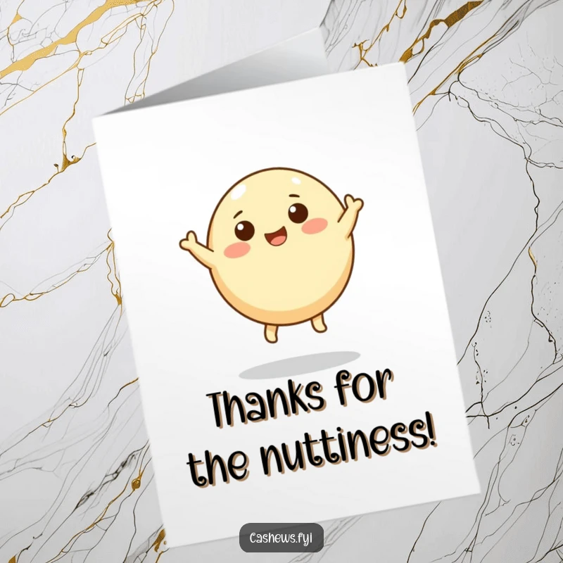 Funny Free Printable Thank You Card: A round cashew with tiny legs leaps joyfully, symbolizing energetic and heartfelt thanks.