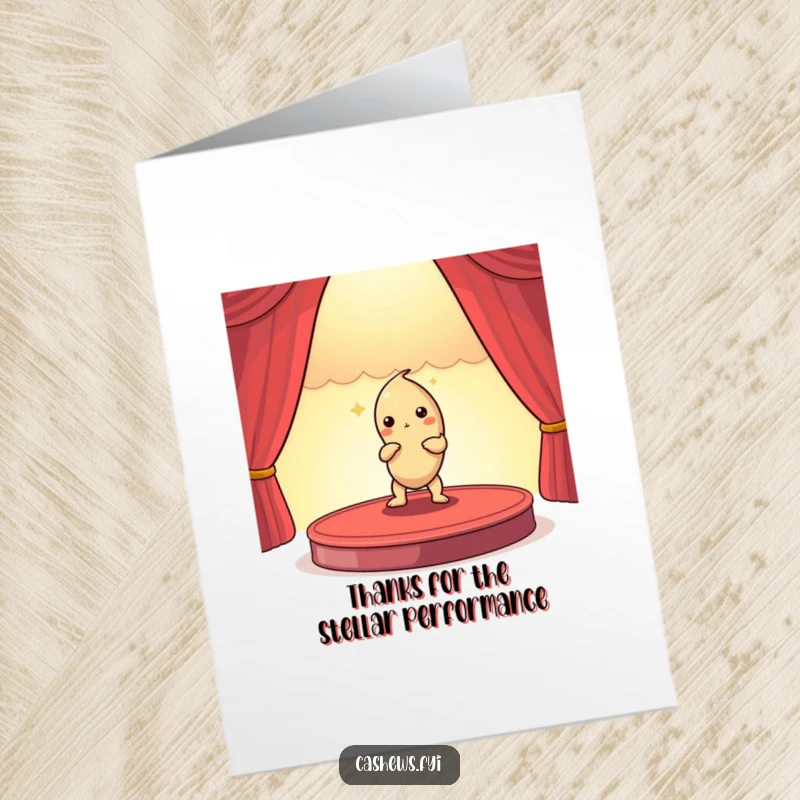 Funny Free Printable Thank You Card: A dramatic cashew nut performs a grand pose to express thanks.