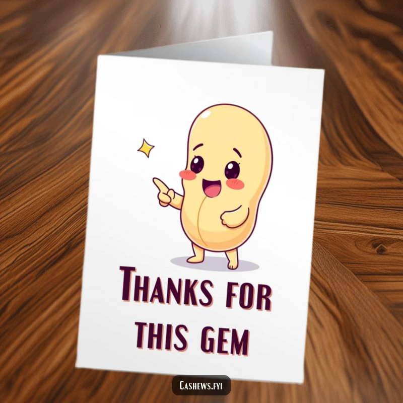 Funny Free Printable Thank You Card: A cashew nut gazes in awe, pointing at a dazzling gem.