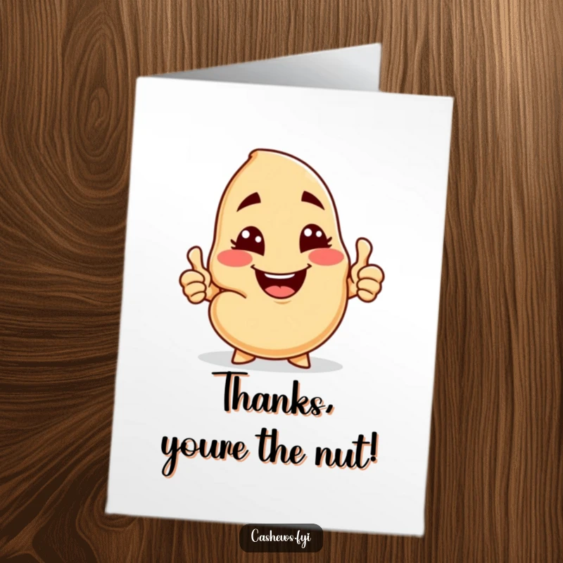 Funny free printable thank you card of a cashew, smirking cheekily, winking, and giving a thumbs-up with a nut offer.