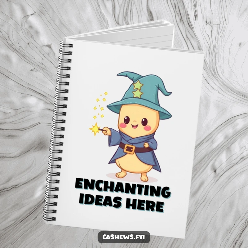 Funny notebook with a Kawaii cashew wizard conjuring sparkling cashew dust from a wand, perfect for magical journaling.