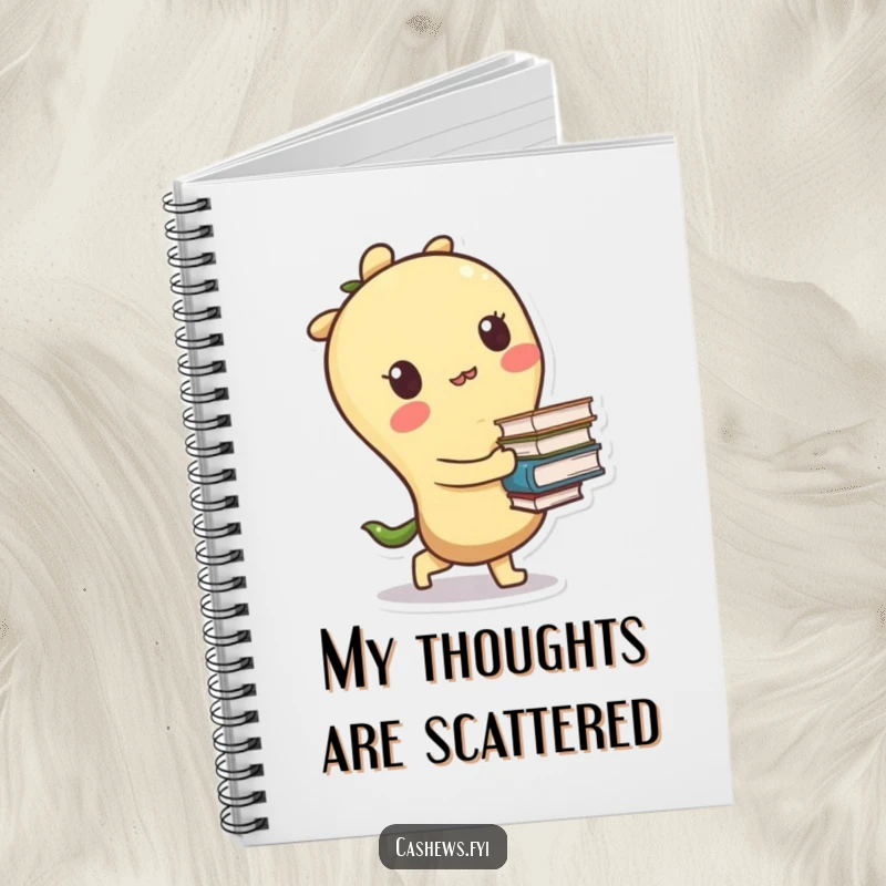 Funny notebook featuring a kawaii cashew character tripping slightly while carrying books, perfect for jotting down thoughts and study notes.
