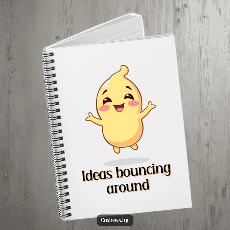 Funny notebook cover with a cashew character gleefully bouncing, perfect for jotting down thoughts with happy energy.