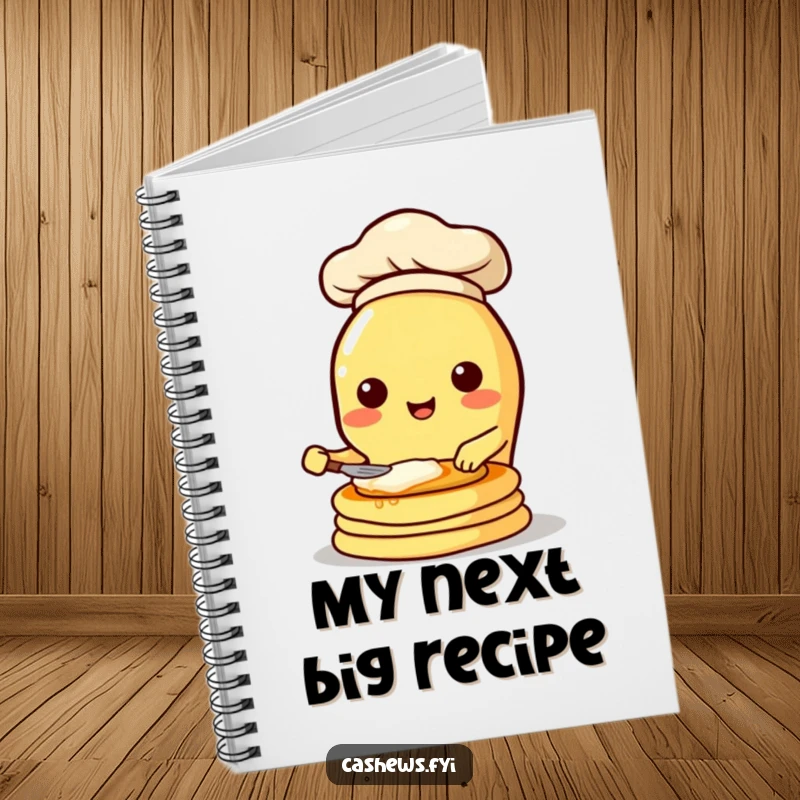 Funny notebook featuring a kawaii cashew character in a chef hat, enthusiastically flipping pancakes, inspiring creative culinary notes.