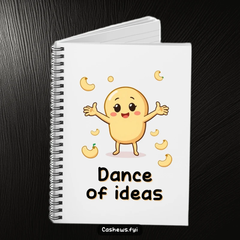 Funny cashew notebook with a character dancing among cashew shapes, perfect for jotting notes with a side of nutty rhythm.