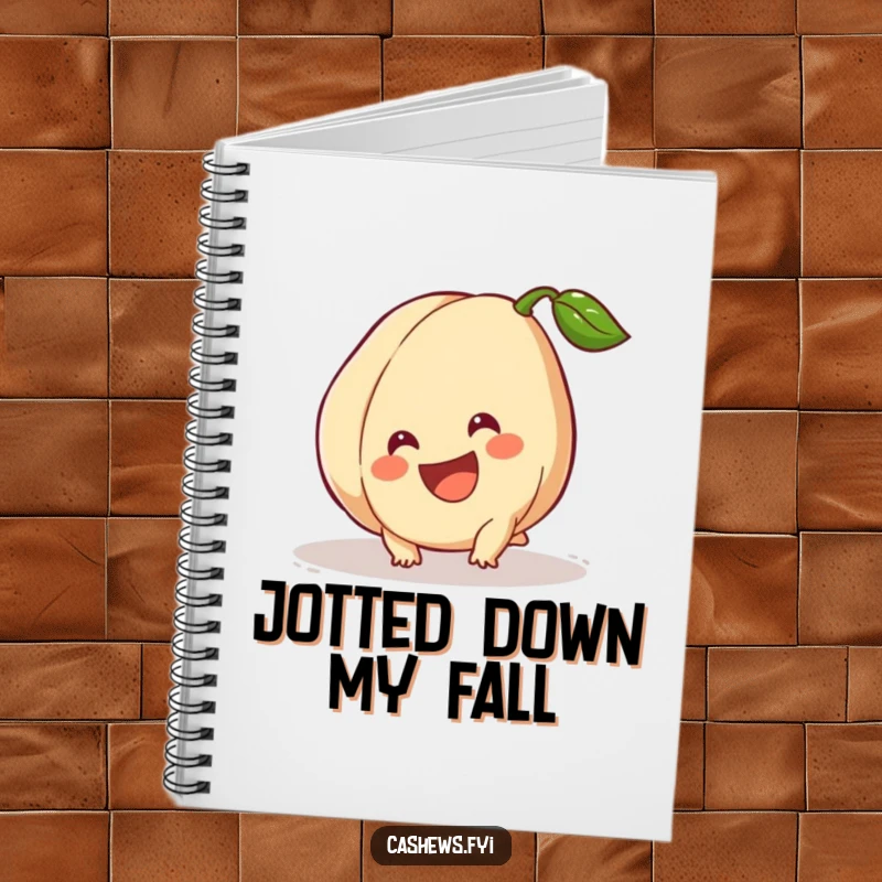 Funny Notebook: A cashew trips slightly but smiles broadly, ideal for jotting down notes with a dose of resilience and humor.