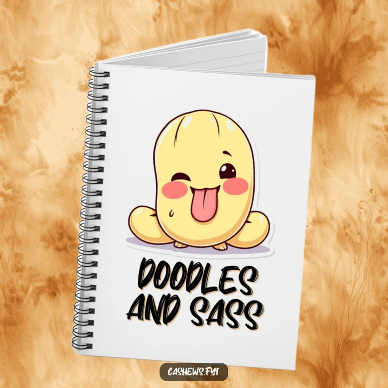 Funny notebook cover with a cashew character sticking its tongue out and giving a playful wink.