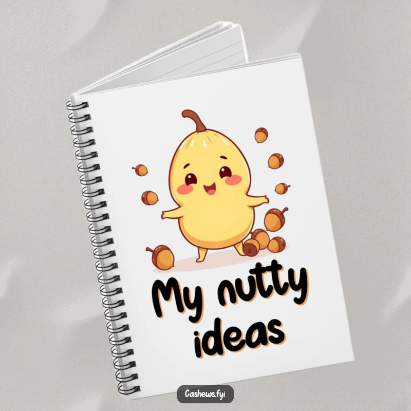 Funny notebook cover featuring a cashew character cheerfully juggling acorns, perfect for jotting down ideas with a smile.
