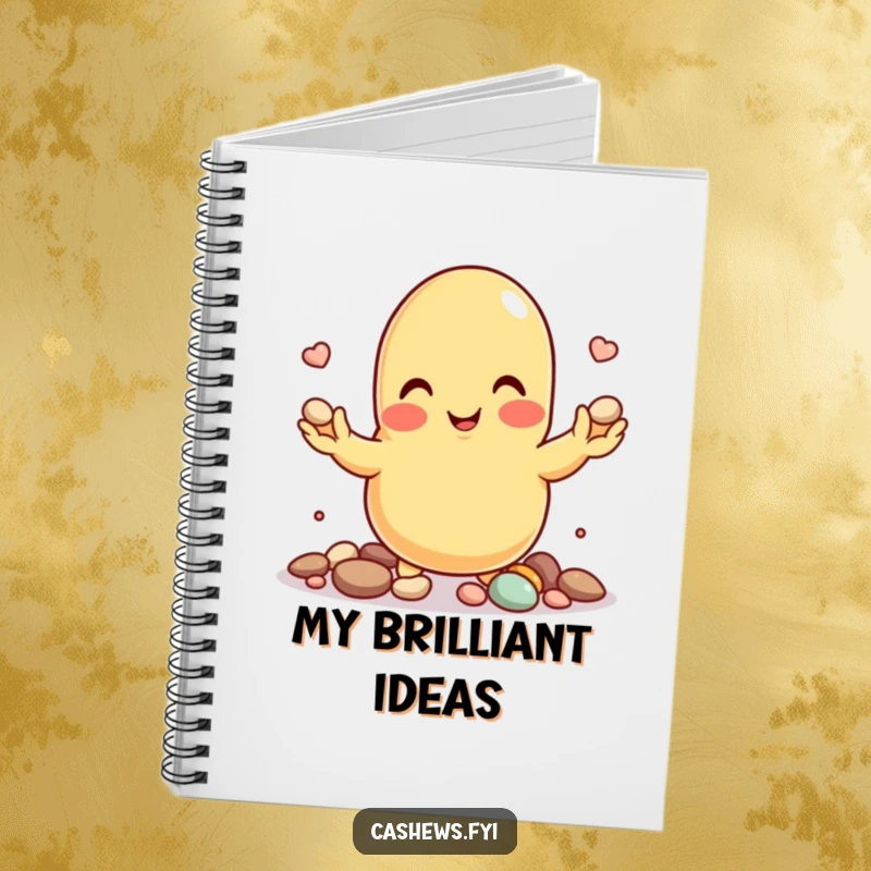 Funny notebook with a cashew nut character juggling pebbles, encouraging focused note-taking.