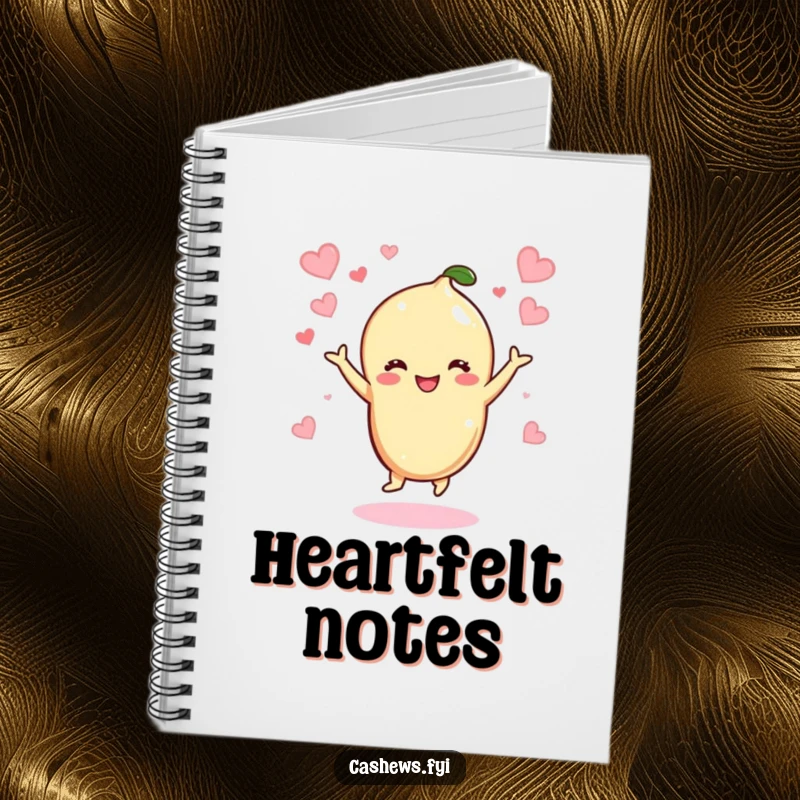 Funny Kawaii Cashew Notebook: A journal featuring a cashew character dancing with joy, surrounded by hearts, perfect for jotting down happy thoughts.