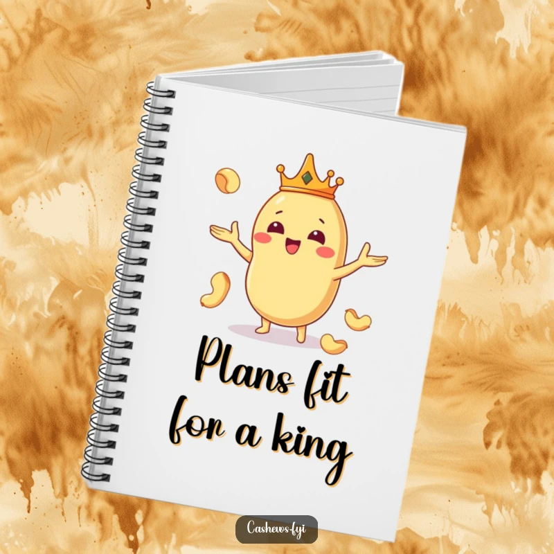 Funny notebook with a Kawaii cashew king wearing a crown and juggling nuts, perfect for jotting down regal thoughts.