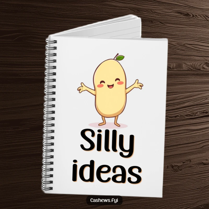 Funny notebook featuring a kawaii cashew doing a silly dance with arms outstretched, beaming, encouraging users to capture ideas with joyful energy.