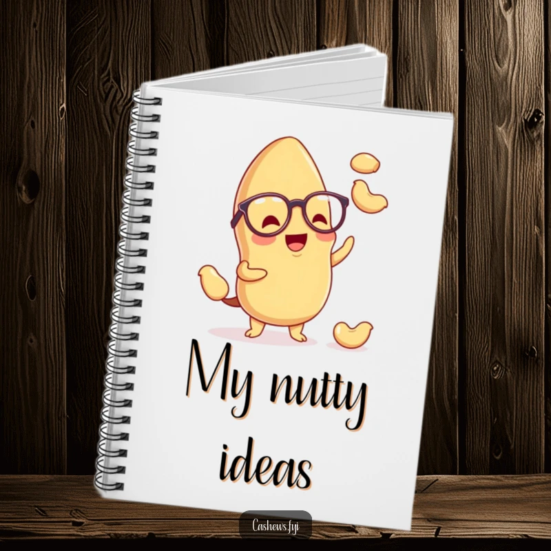 Funny kawaii cashew notebook featuring a cute nut with spectacles, juggling tiny cashews, perfect for jotting down notes with humor.