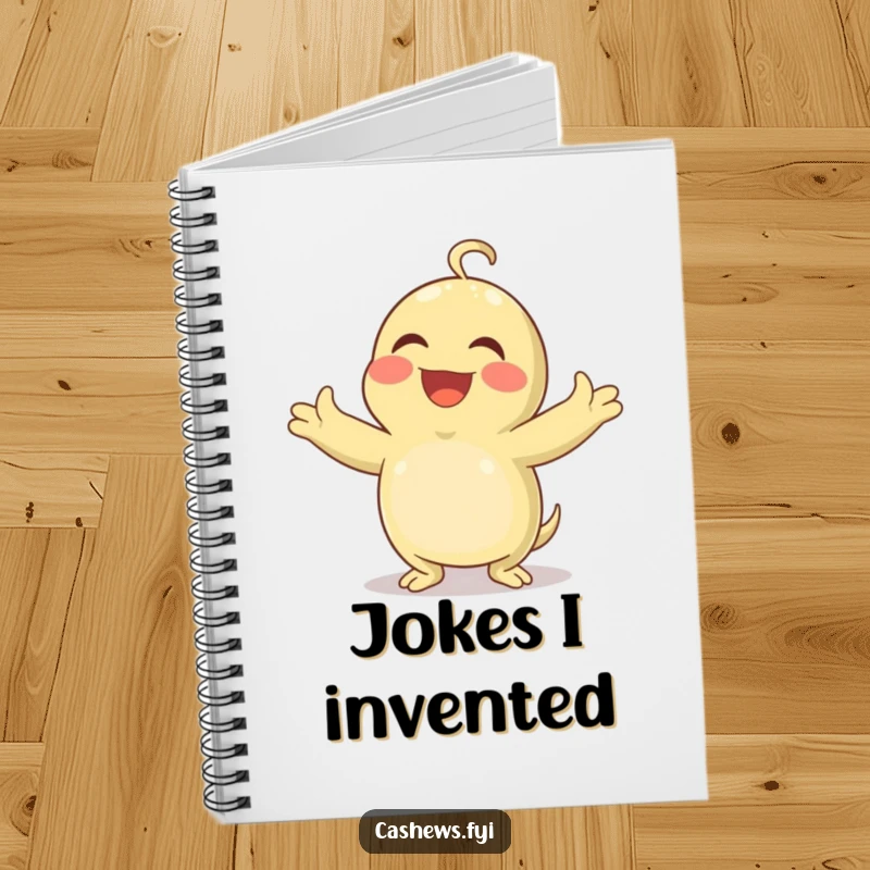 Funny notebook cover featuring a cashew with arms spread wide, laughing heartily and joyfully, ready to inspire.