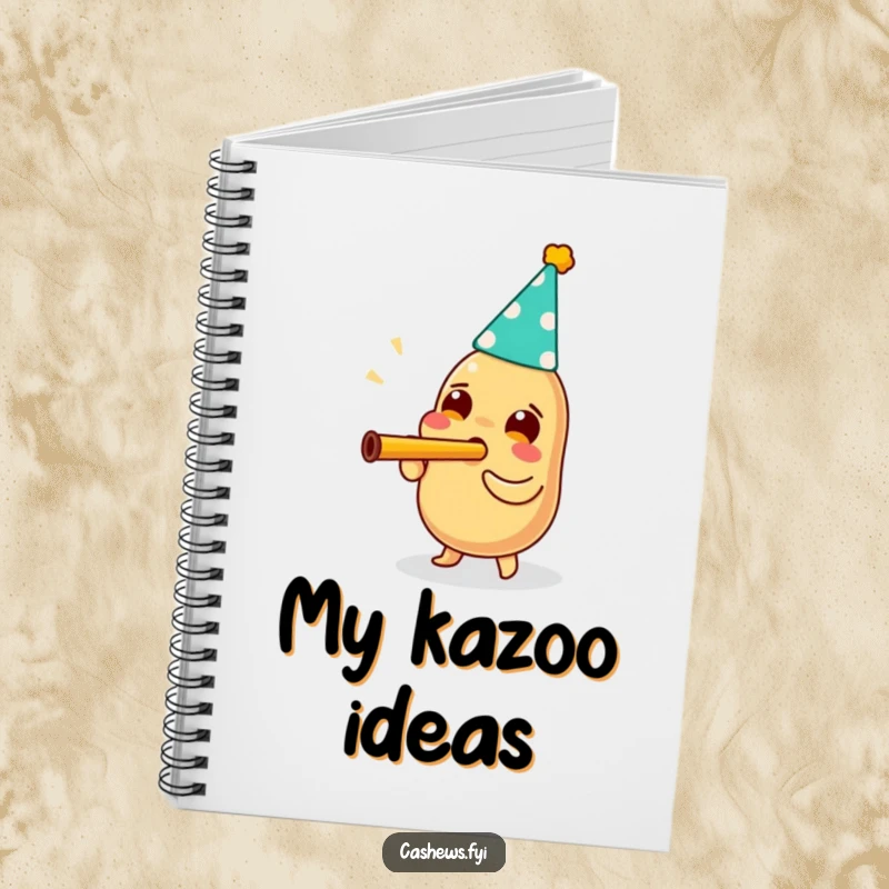 Funny notebook with a cashew wearing a party hat and enthusiastically blowing a kazoo, ideal for jotting down festive thoughts.